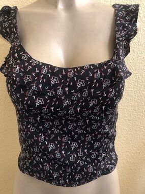 Free People Black Floral Ruffle Crop Top with Pink Accents